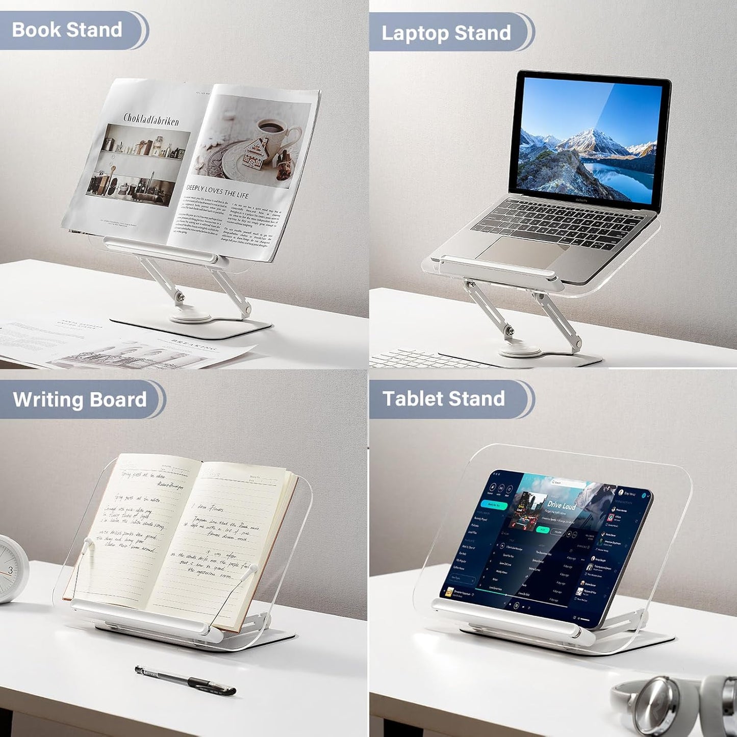 BYMECOST Acrylic Book Stand for Reading, Adjustable Book Holder with 360° Rotating Base & Elastic Page Clips, Foldable Desktop Riser Stand for Cookbook,Laptop,Tablet,Music Scores,Recipe,Textbook