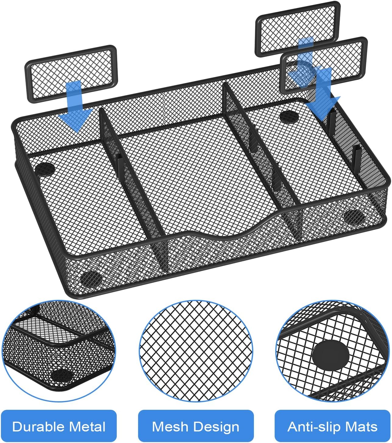 VyGrow Desk Drawer Organizer Tray, Metal Mesh Drawer Organizers Office, 6 Adjustable Compartment, Desk Organizer Tray for Home Office 12.87L x 8.73D x 1.96H inch, Black, 1PC Medium