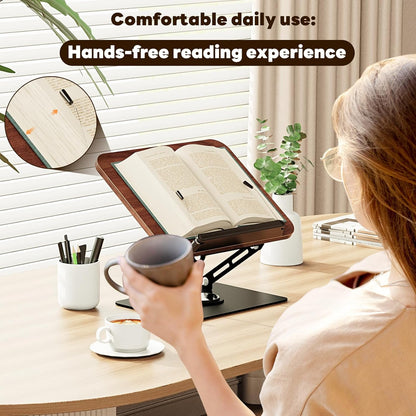 Abiglifty Book Stand for Reading,Adjustable Book Holder with 360° Rotating Base,Foldable Book Holder Stand for Cookbook,Textbook,Tablets, Laptops (Dark Wood)