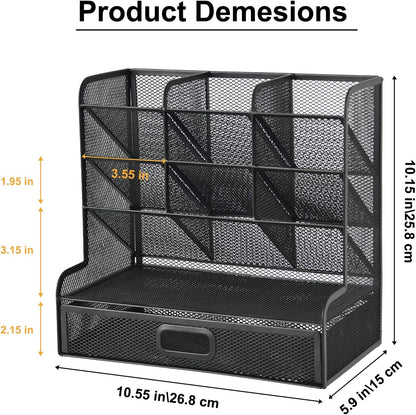 Marbrasse Mesh Pen Holder for Desk, Multi-Functional Pencil Organizer with Drawer, Desk Organizers and Accessories for Office Art Supplies (Black)
