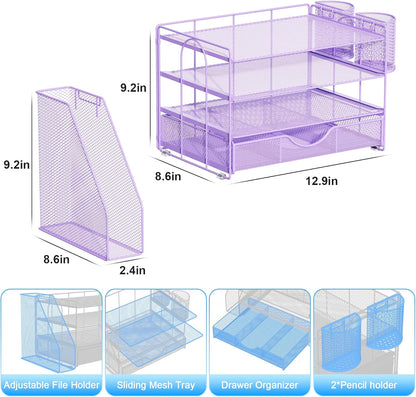 gianotter Desk Organizers and Accessories with File Holder, 4-Tier Desk Accessories & Workspace Organizers with Drawer and 2 Pen Holder, Paper Organizer for Office Supplies (Rose Gold)
