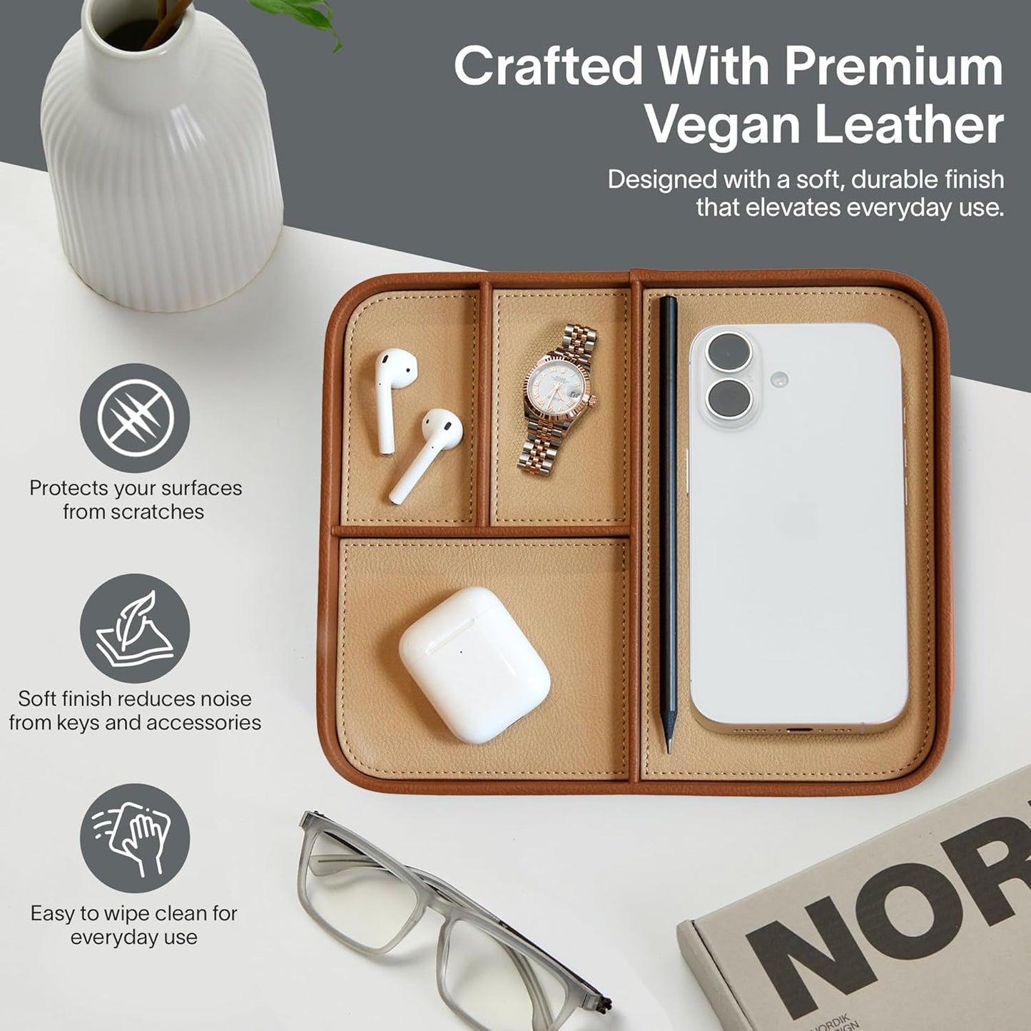 Nordik Leather Valet Tray - Pebble Black - 9.5 x 7.9 Inch Medium Vegan Leather Tray - Stylish Nightstand Organizer for Men - Modern Bedside Caddy - EDC Catchall for Key Watch Wallet Jewellery