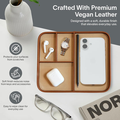 Nordik Leather Valet Tray - Pebble Black - 9.5 x 7.9 Inch Medium Vegan Leather Tray - Stylish Nightstand Organizer for Men - Modern Bedside Caddy - EDC Catchall for Key Watch Wallet Jewellery