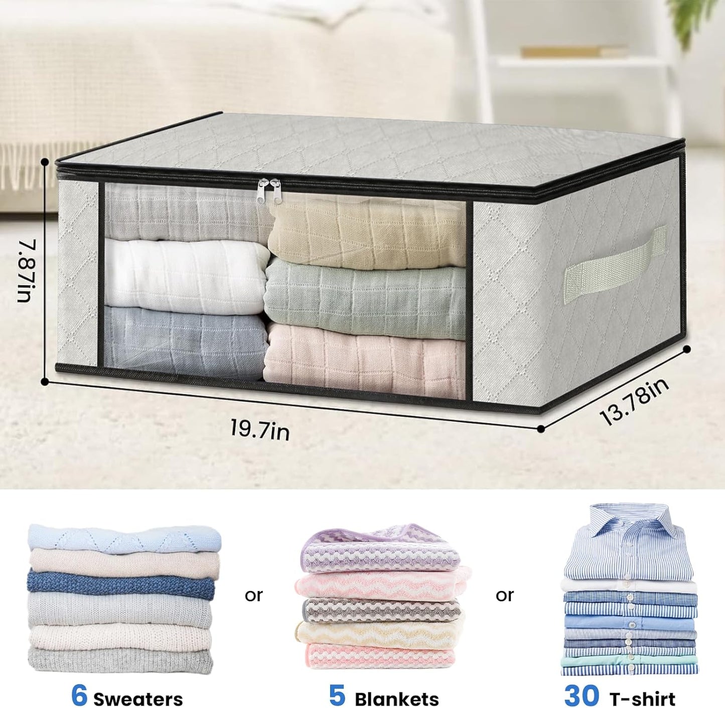 HomeHacks Storage 3-Pack Clothes Organizer Storage Bags Foldable Storage Box with Large Clear Window Sturdy Handles for Closet, Dorm, Pillows, Bedding, Clothes, Blankets, 35L, Gray