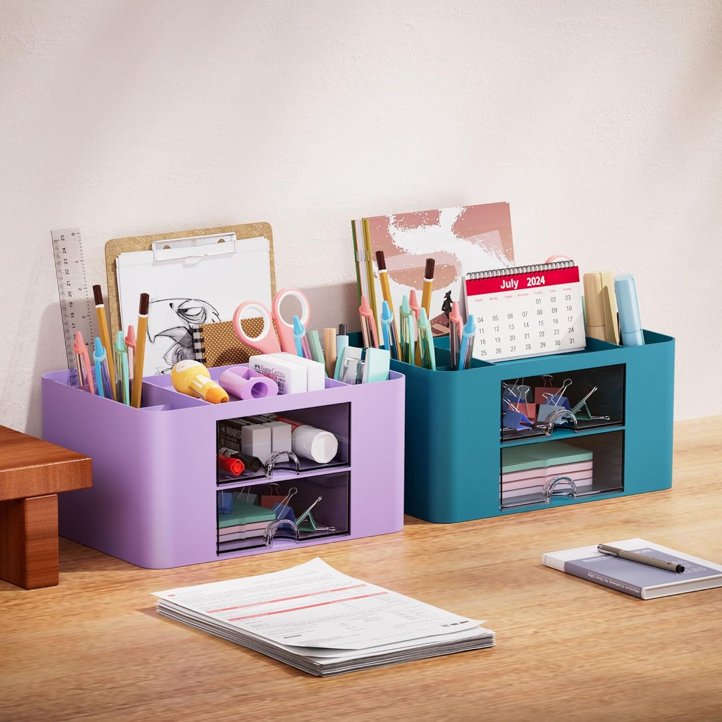 Marbrasse Pen Organizer with 2 Drawer, Multi-Functional Pencil Holder for Desk, Desk Organizers and Accessories with 5 Compartments + Drawer for Office Art Supplies (White)