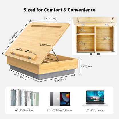 AboveTEK Book Stand for Reading with Storage, Adjustable Bamboo Book Holder with Soft Lap Cushion, Cookbook Stand, Hands-Free Book Reading Stand for Bed, Desktop & Kitchen Counter