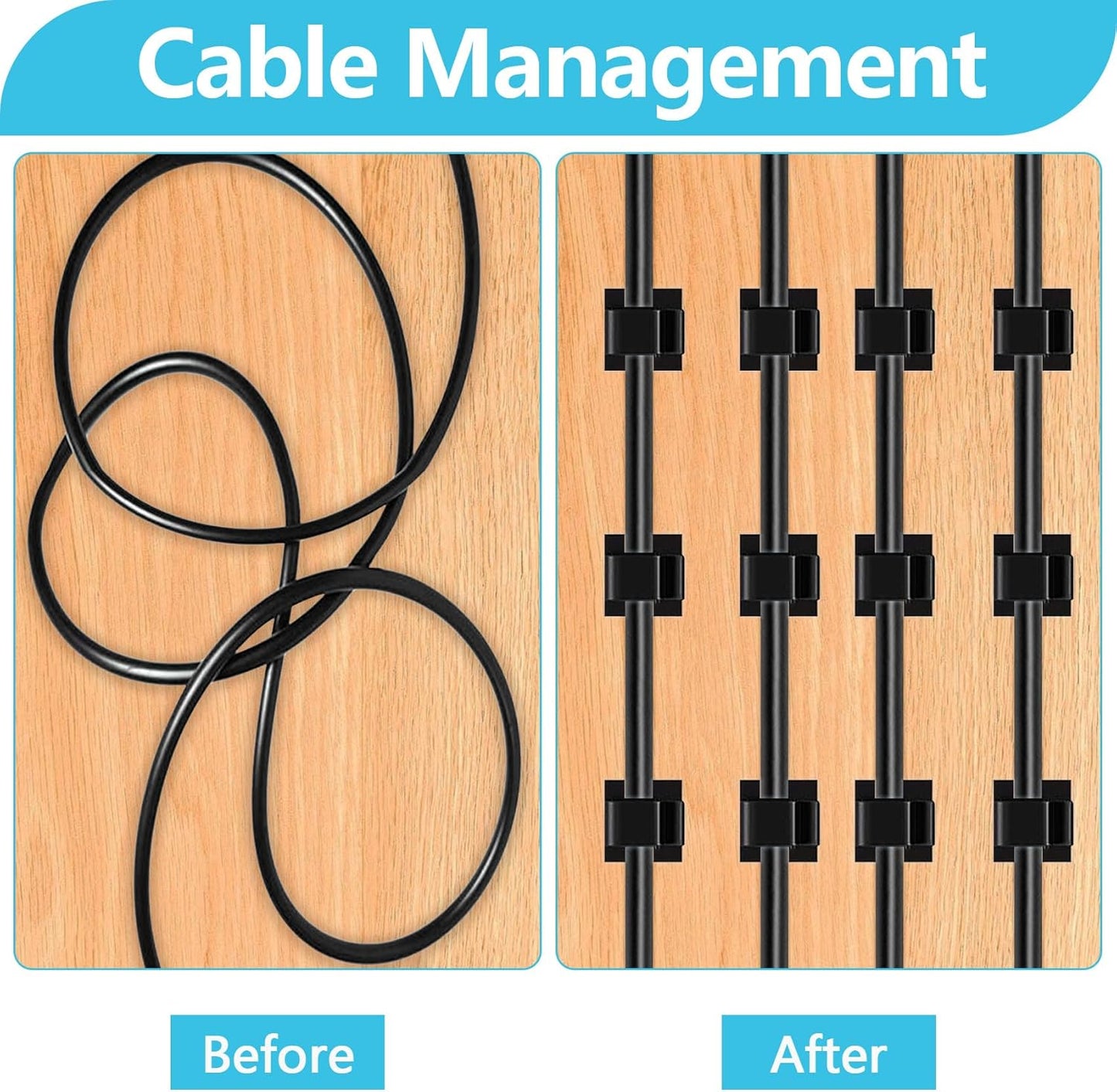 Abnii 100PCS Cable Clips, Adhesive Wire Clips Organizer Cord Clips Management, Cable Staples Outdoor Strong for Wall, Desk, Christmas Lights, String Lights, TV PC Ethernet Cable, Clear Small