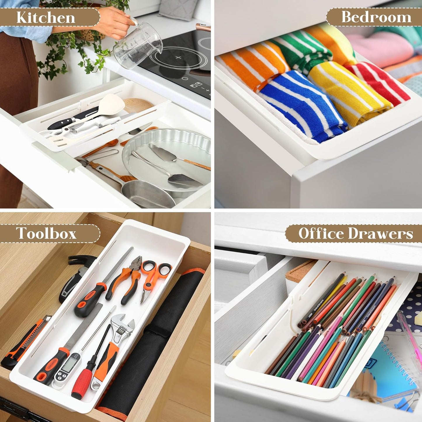 1 Pack Deep Drawer Organizer Bins, Sliding Drawer Organizer Bin Expandable and Adjustable Tray for Kitchen Utensils, Towels, BBQ Tools, Durable Plastic Sliding for Easy Storage (12.4-17.7")