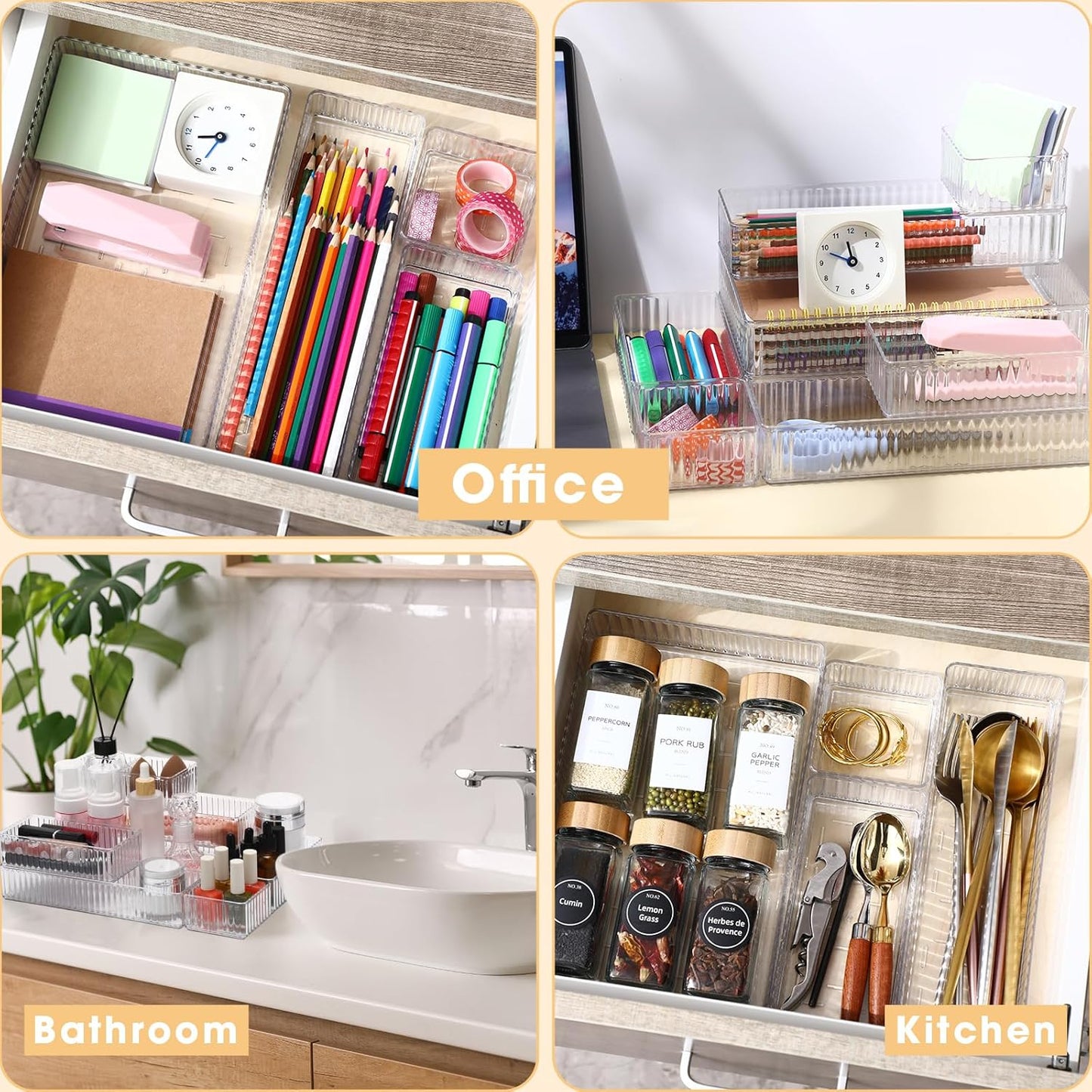 Teenyyou 18 Pcs Drawer Organizer Stackable 4 Size Makeup Drawer Organizer Trays Acrylic Bathroom Vanity Storage Bins for Cosmetic, Jewelries, Office Supply, Kitchen Utensils(Clear,Stripes)