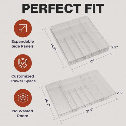 Masirs Expandable Utensil Drawer Organizer - BPA-Free Plastic Clear Silverware Tray with Multiple Compartments - Non-Slip Cutlery Storage for Kitchen, Bathroom, or Office Drawers (Clear)