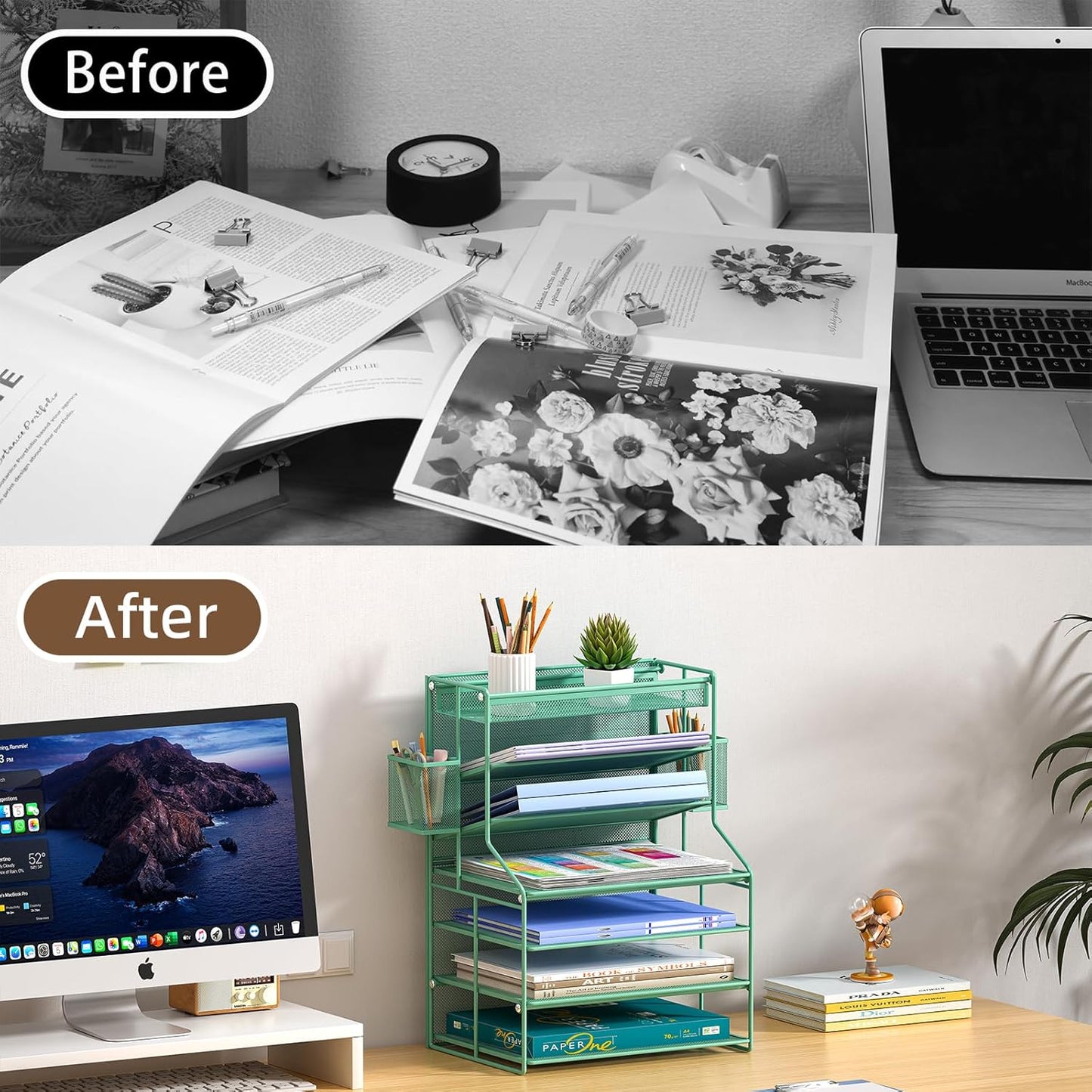 7 Tier Desk File Organizer – Vertical File Organizer for Desk with Removable Pen Holder & Adjustable Pull-out Drawer – Metal Document Organizer for Office, Simple Trending Design – Black