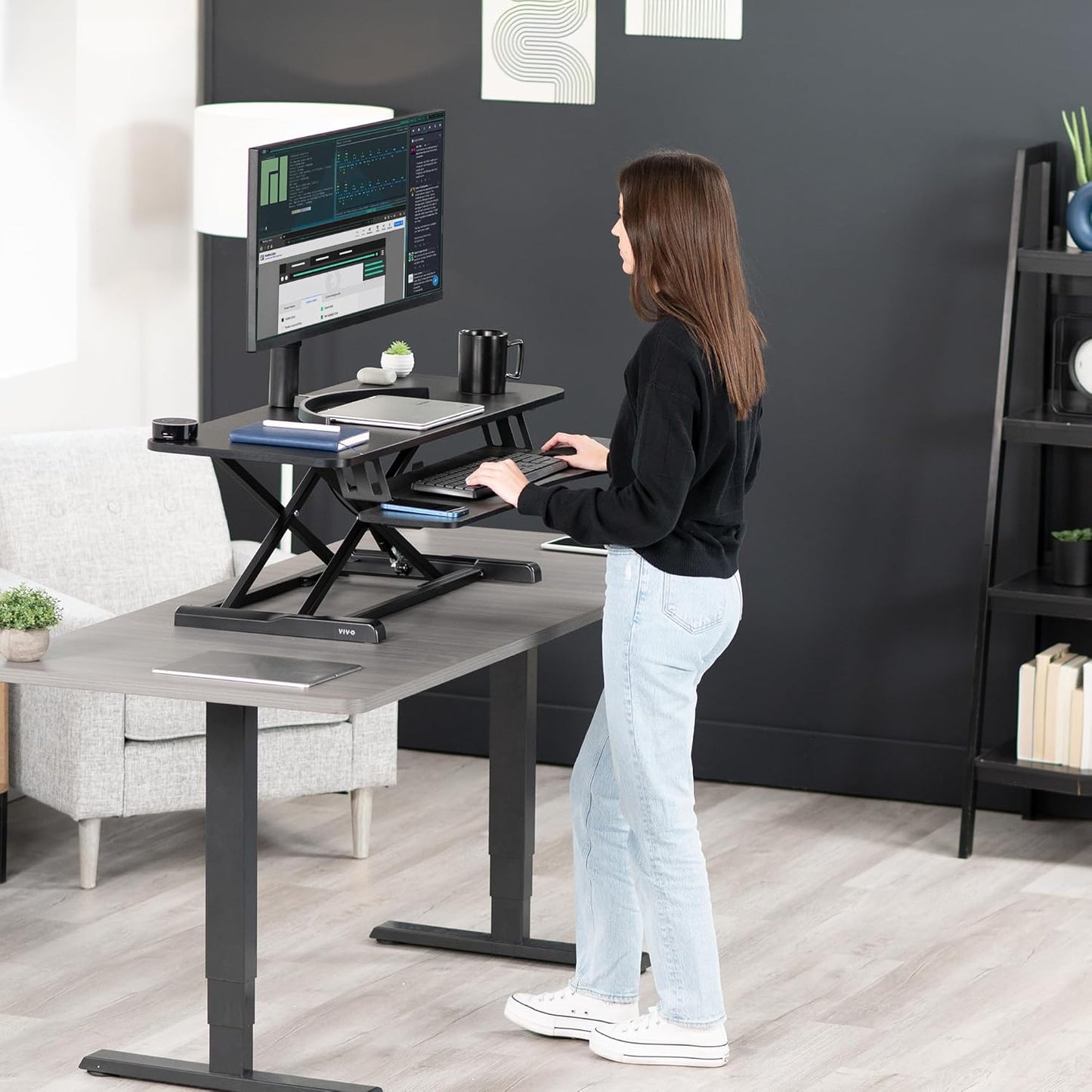 VIVO 26 inch Desk Converter, K Series, Height Adjustable Sit to Stand Riser, Dual Monitor and Laptop Workstation with Keyboard Tray, Black, DESK-V026KB