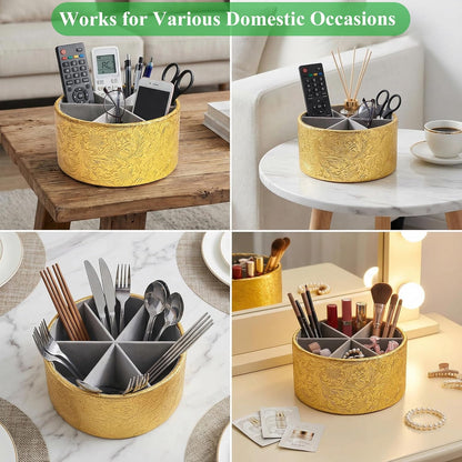lizimandu Round Leather Art Supply Organizer,Remote Control Holder,360 Degree Spinning,Multi-Functional Pencil Holder,4 Compartments Desktop Stationary Organizer(1-Gold) - Colors A
