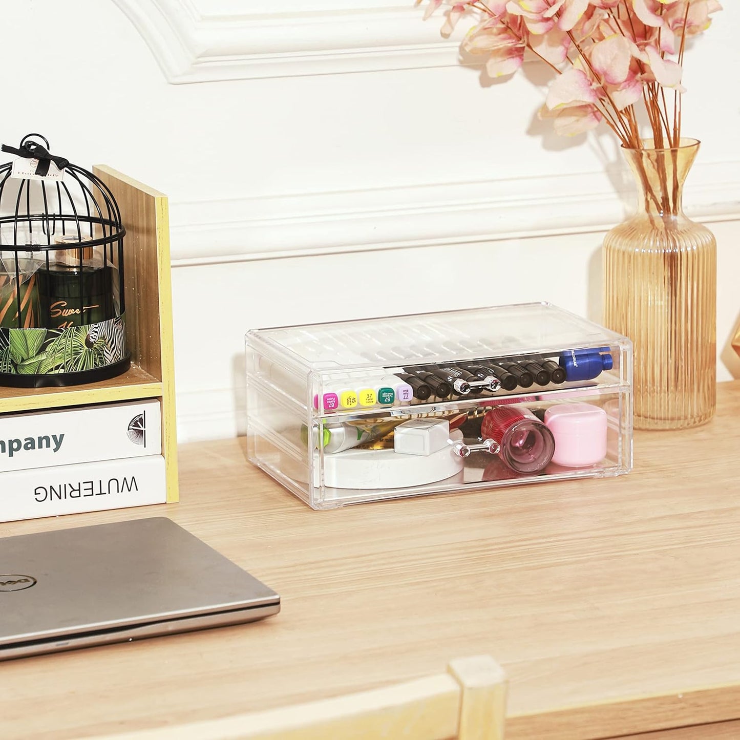 Cq acrylic Drawer Organizer with 3 Long Drawers,Stacking Office Supply Organizer and Desk Pen Storage and Stationary Organizer,Clear Makeup Storage Organizer for Palettes,Cosmetic, Beauty for Vanity