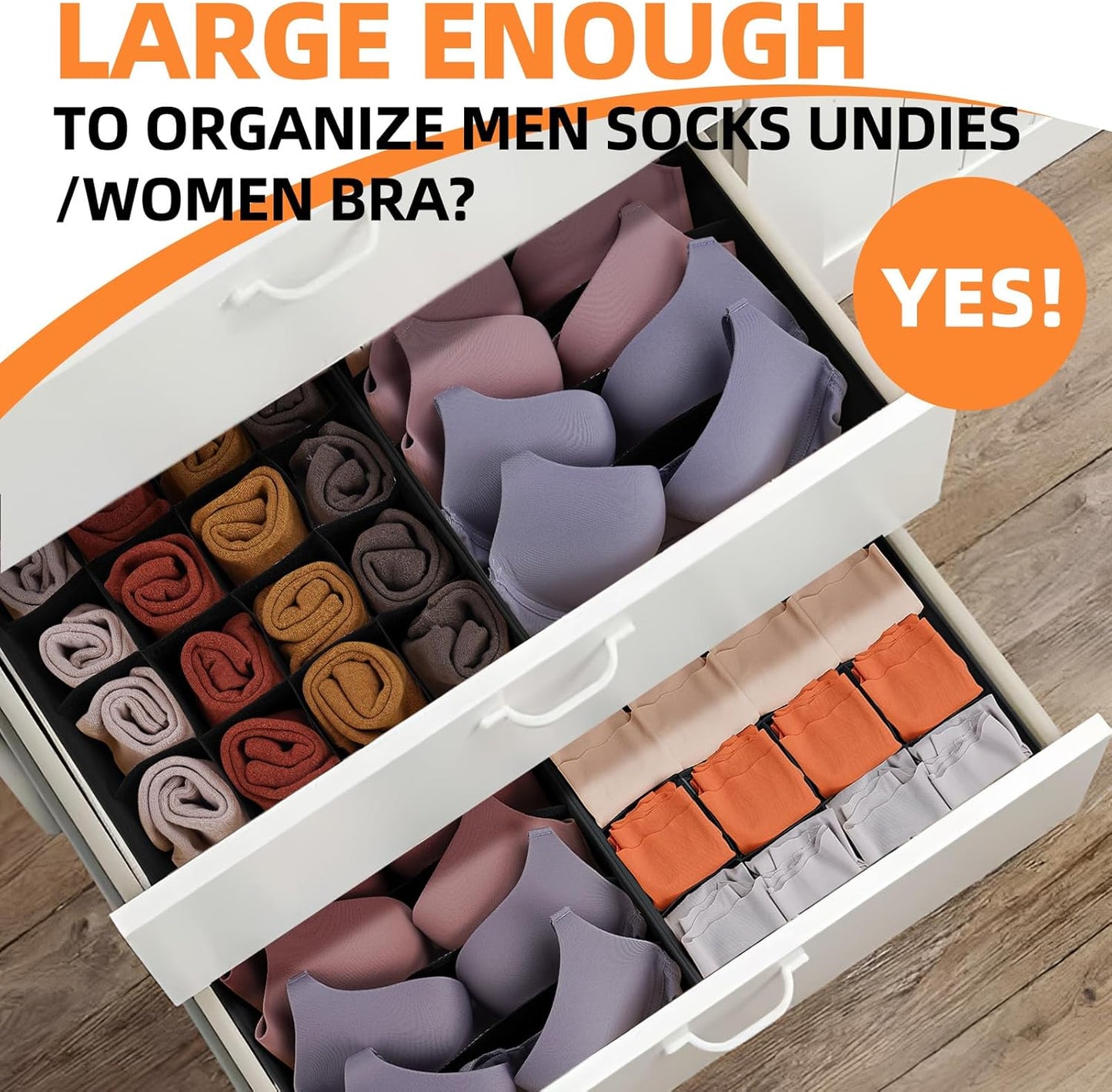Criusia 6 Pack Large Drawer Organizer for Sock Underwear - Washable Heavy Duty Fabric Closet Organizers and Storage Bins - 90 Cells Dresser Organizer Divider for Baby Clothes, Ties, Belt (Grey)