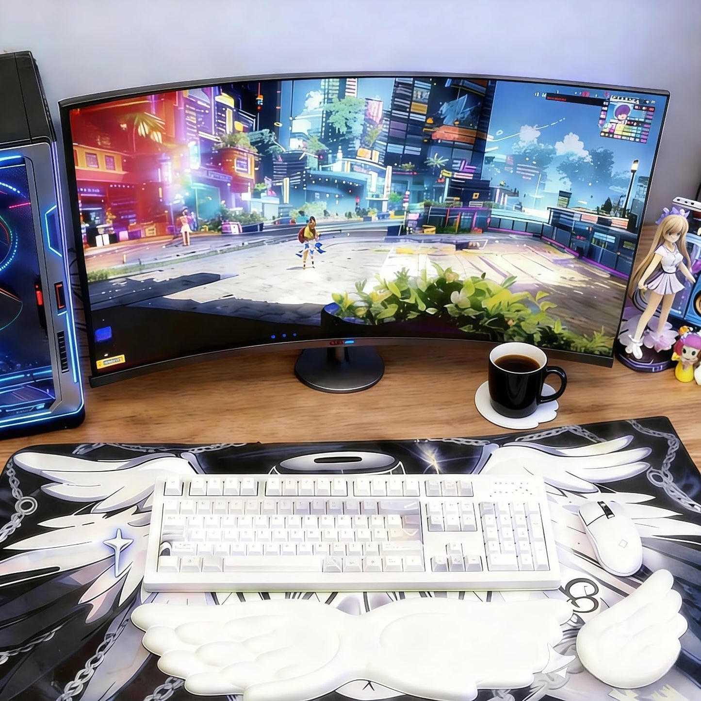 Angel Wing Wrist Rest Ergonomic Memory Foam Wrist Rest for Computer Keyboard Mouse Set with Cup Mat, Cute Gaming Keyboard Cushion Hand Support PU Leather Surface Anti-Slip Waterproof（White）