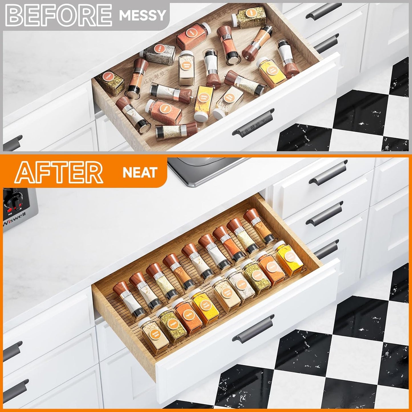 Yieach 8 Pack Adjustable In Drawer Spice Organizer - Expandable From 11'' to 22'' - Acrylic Drawer Seasoning Organizer,Clear Spice Organization Tray for Cabinet Drawers Condiment,Nail Polish and Jar