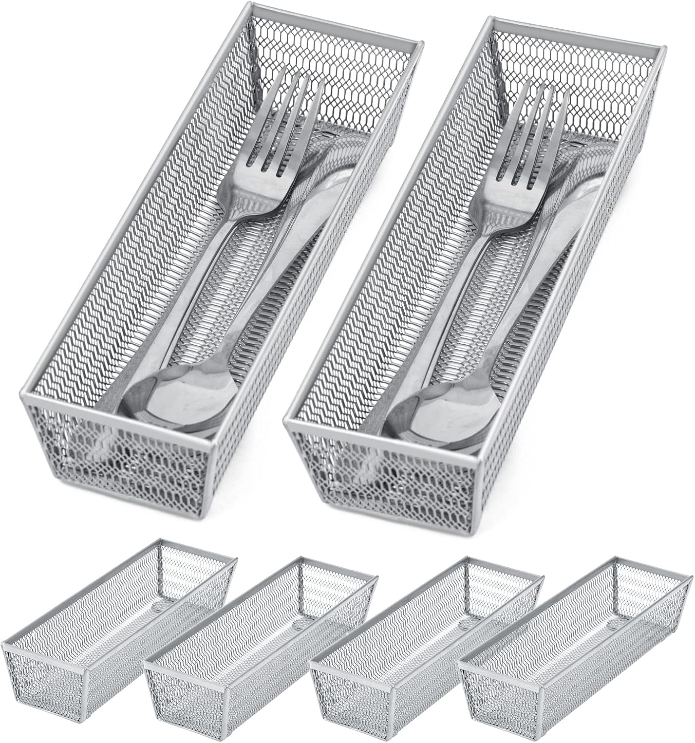Neudeco Drawer Organizer Set 6 Pack - 5-Compartment Silverware Organizer Tray + 5 Utensil Trays, Kitchen Drawer Organizer for Flatware, Cutlery, Office Supplies, Black Mesh, Non-Slip.