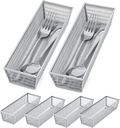 Neudeco Drawer Organizer Set 6 Pack - 5-Compartment Silverware Organizer Tray + 5 Utensil Trays, Kitchen Drawer Organizer for Flatware, Cutlery, Office Supplies, Black Mesh, Non-Slip.