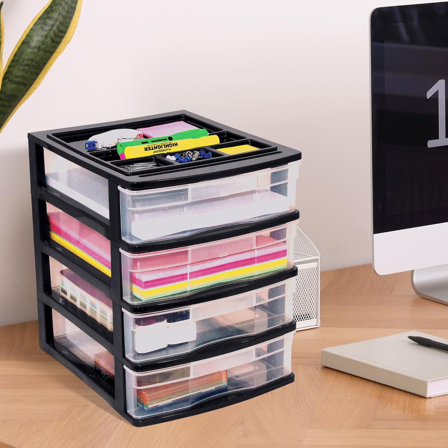 Gracious Living 4 Drawer Desktop & Countertop Organizer w/Organization Lid for Craft Storage, Office Supplies & School Supplies, Black/Clear (2 Pack)