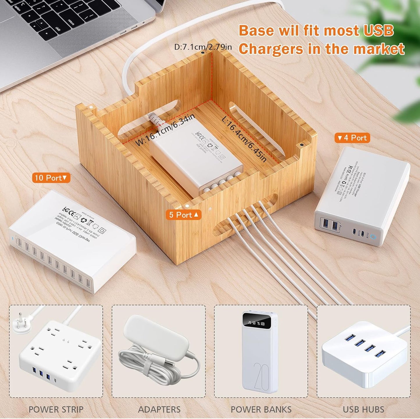 Pezin & Hulin Multiple USB Charging Station, Wooden Bamboo Dock Station for Cell Phones, Tablets, Earpods and Smart Watch, Including Power Charger HUB, 5 Cables -Natural Bamboo