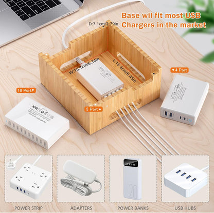 Pezin & Hulin Multiple USB Charging Station, Wooden Bamboo Dock Station for Cell Phones, Tablets, Earpods and Smart Watch, Including Power Charger HUB, 5 Cables -Natural Bamboo