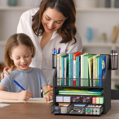 SWTYMIKI Desk Organizer with Drawers - Mesh and Wood Desk File Organizer with Pen Holders, 4-Tier Paper Organizer for Office Organizer and Accessorie, School and Home Storage, Black
