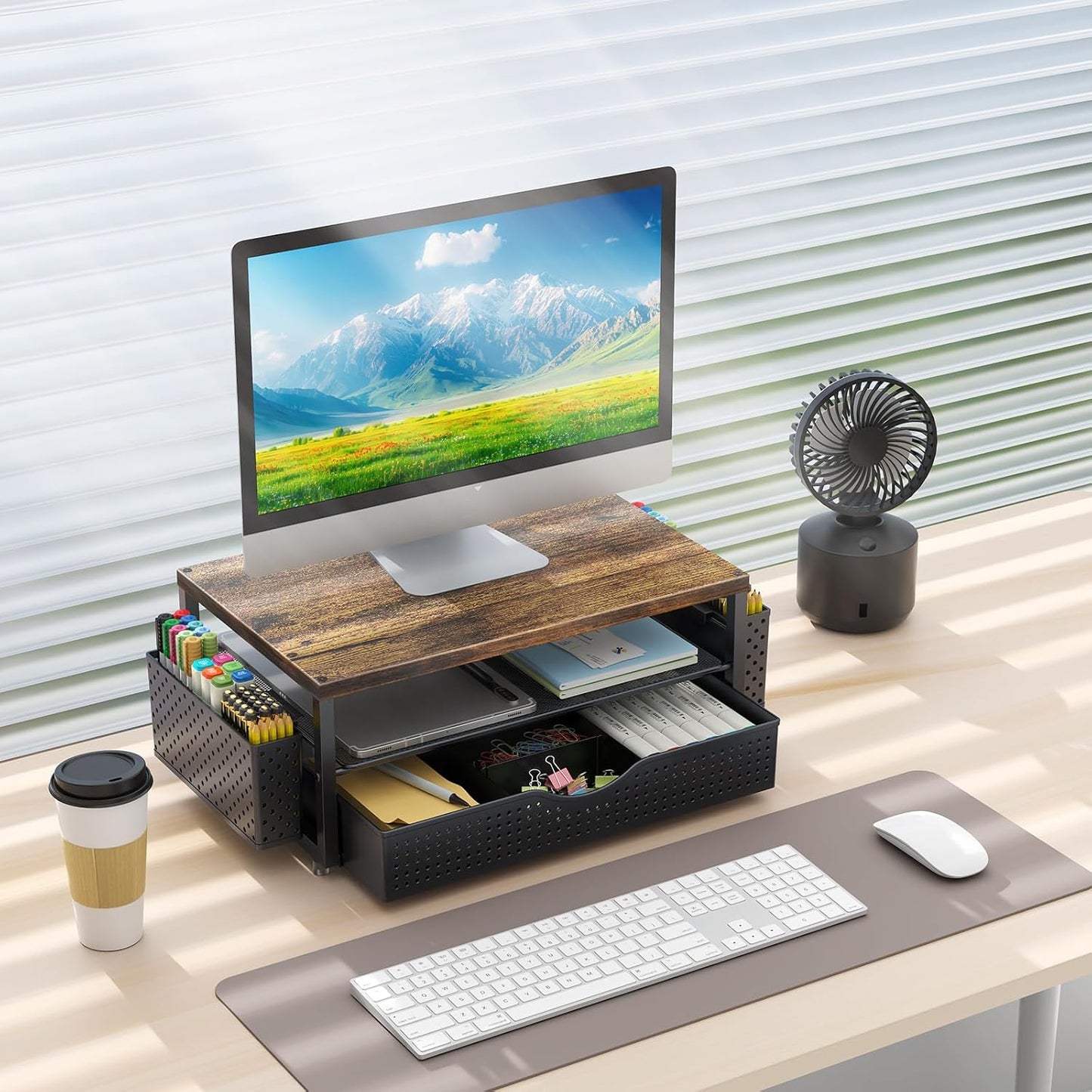 gianotter Wood Monitor Stand Riser, Office Desk Shelf Organizer, Desk Organizer with Drawer and Pen Holder, 2-Tier Computer Stand, Office Organization (Ink)