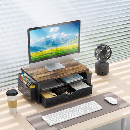 gianotter Wood Monitor Stand Riser, Office Desk Shelf Organizer, Desk Organizer with Drawer and Pen Holder, 2-Tier Computer Stand, Office Organization (Ink)