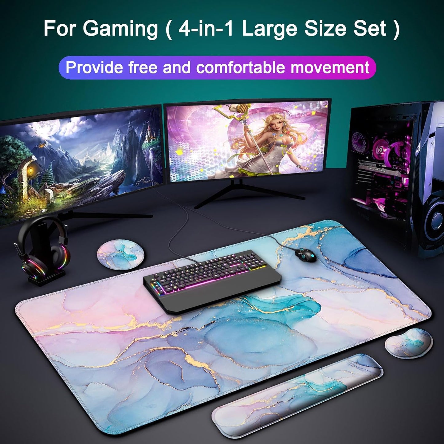 Keyboard Wrist Rest + Mouse Pad with Wrist Support + Desk Mat + Coaster 4 in 1 Set, XXL Large Gaming Mousepad Cute Ergonomic Mouse Pads for Desk Computer Laptop Office Decor-Beach