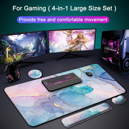 Keyboard Wrist Rest + Mouse Pad with Wrist Support + Desk Mat + Coaster 4 in 1 Set, XXL Large Gaming Mousepad Cute Ergonomic Mouse Pads for Desk Computer Laptop Office Decor-Beach