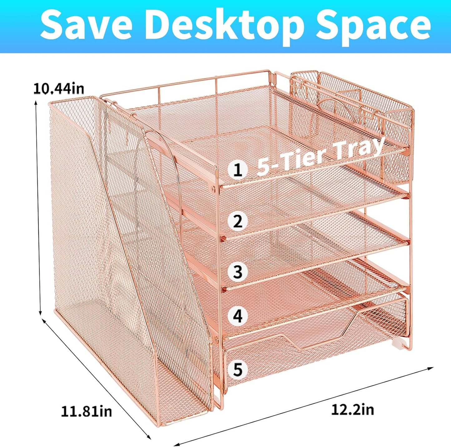 Desk Organizer, 5-Tier Paper Letter Tray Organizer with File Holder, Drawer and Pen Holder, Desktop Organizer for Office Supplies, Black