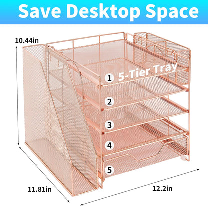 Desk Organizer, 5-Tier Paper Letter Tray Organizer with File Holder, Drawer and Pen Holder, Desktop Organizer for Office Supplies, Black