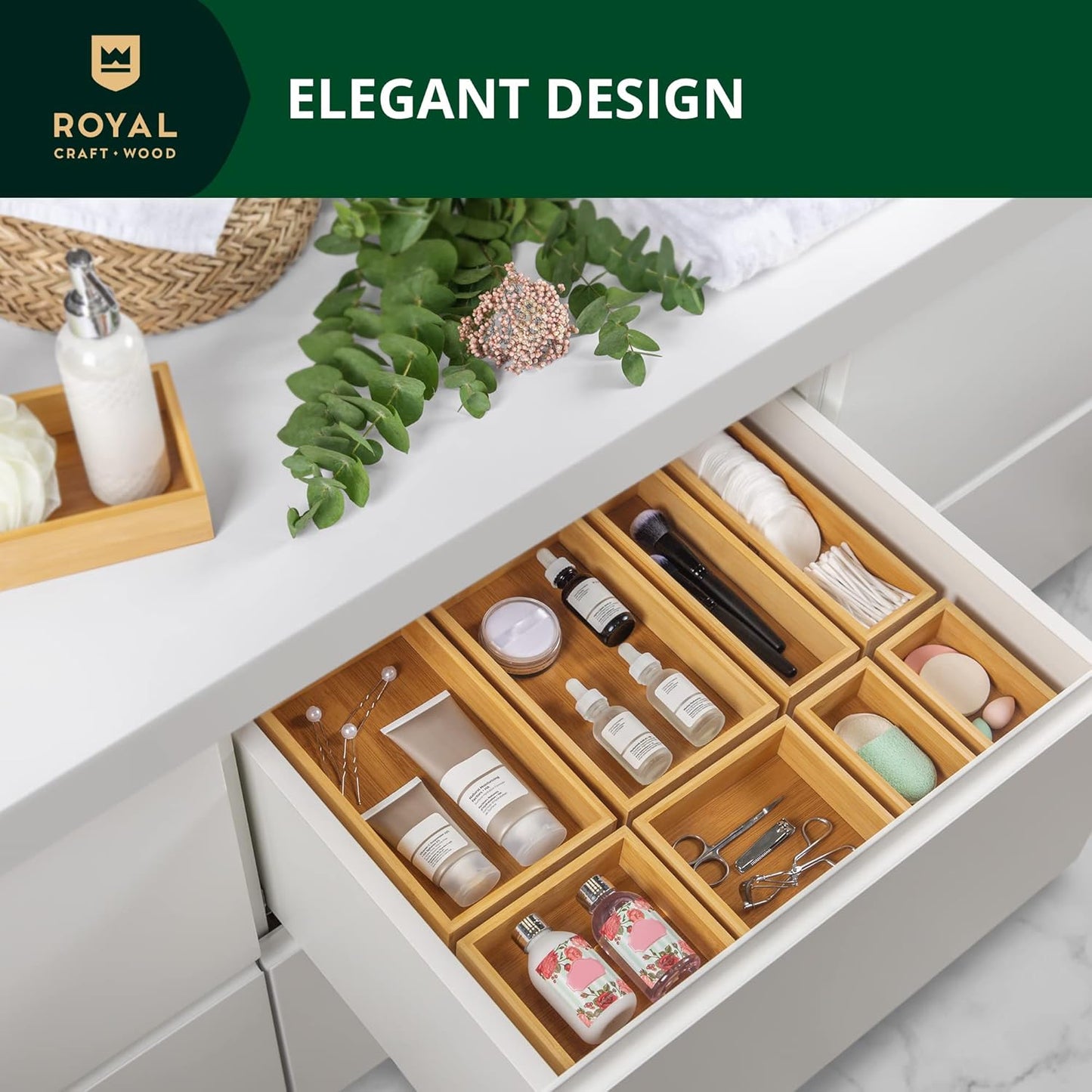 ROYAL CRAFT WOOD 5-Piece Bamboo Drawer Organizer Set – Multi-Use Storage Trays for Kitchen, Bathroom, Office, Makeup, Jewelry & More – Junk Drawer Tray, Utensil Holder, Storage Box & Bin Set (5 Boxes)