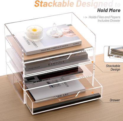 SANRUI Paper Organizer for Desk,Acrylic Stackable Letter Tray, Clear Desk Organizer, Paper Sorter for Office,Home or School,2-Pack