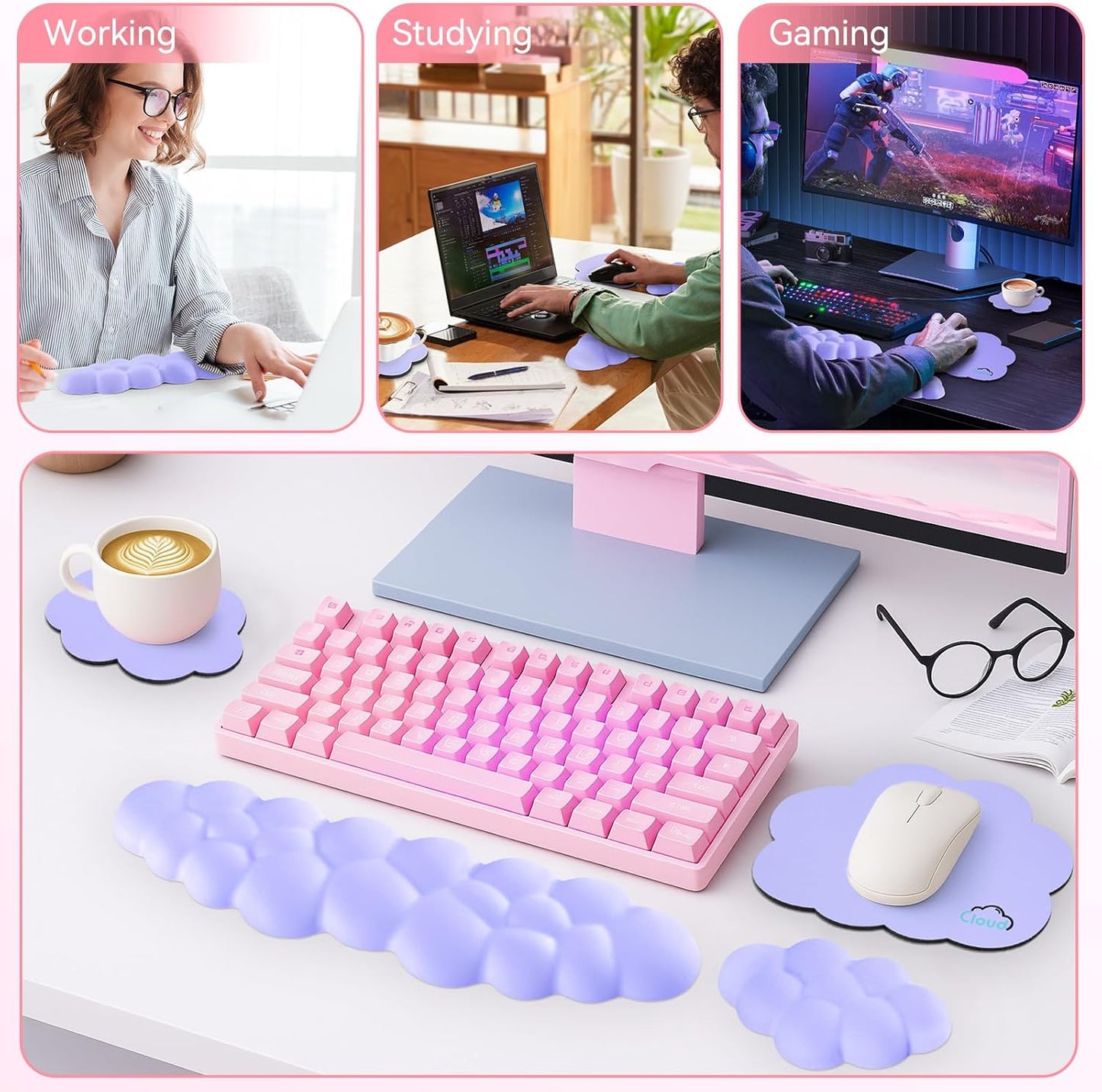 Sushret Cloud Wrist Rest for Computer Keyboard, 4-in-1 Memory Foam Leather Cloud Keyboard Wrist Rest and Mouse Pad Set with Ergonomic Support for Arm and Palm Cushion, Gaming/Work Setup, Rainbow