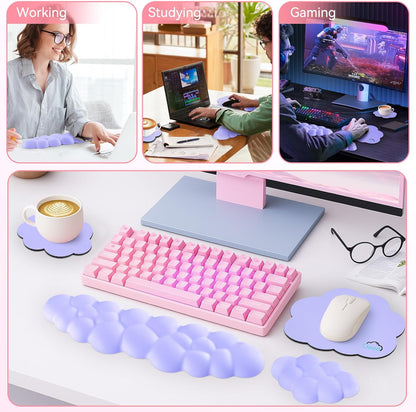 Sushret Cloud Wrist Rest for Computer Keyboard, 4-in-1 Memory Foam Leather Cloud Keyboard Wrist Rest and Mouse Pad Set with Ergonomic Support for Arm and Palm Cushion, Gaming/Work Setup, Rainbow