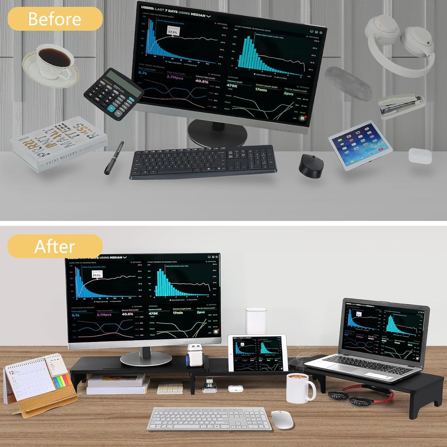 Nnewvante Monitor Stand Riser, 60 inch Large Bamboo Dual Monitor Stand for Desk, 3 Shelves Desktop Screen Riser with Adjustable Length Angle for Computer Laptop PC