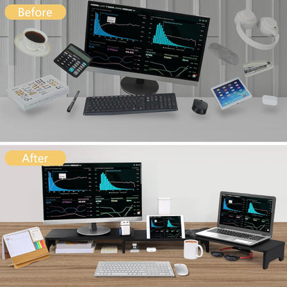 Nnewvante Monitor Stand Riser, 60 inch Large Bamboo Dual Monitor Stand for Desk, 3 Shelves Desktop Screen Riser with Adjustable Length Angle for Computer Laptop PC