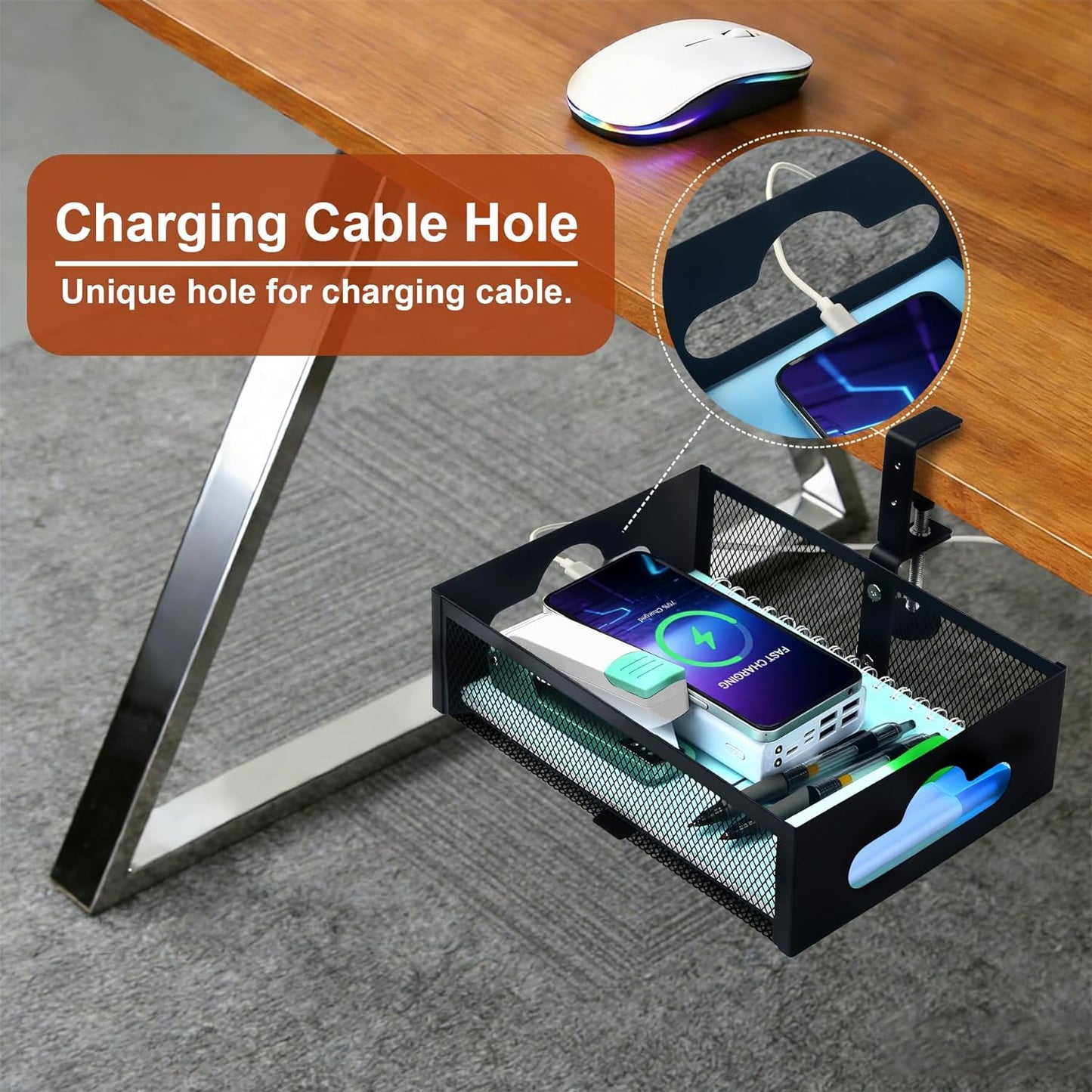 Under Desk Organizer 360° Swivel,under Desk Drawer, Clamp-On No Drill Installation,Sturdy Mesh Storage Drawer for Office,Drawing Room and Kitchen Room,Art Supplies and More(Without Cup Holder)