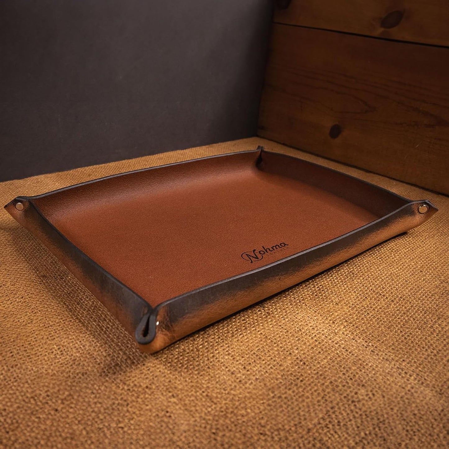 Valet Tray – Full-Grain Leather Catchall Organizer for Keys, Phone & Wallet – Rustic Nightstand & Desk Tray with Raised Sides – Handmade in USA (Vintage Brown, Small Rectangle)