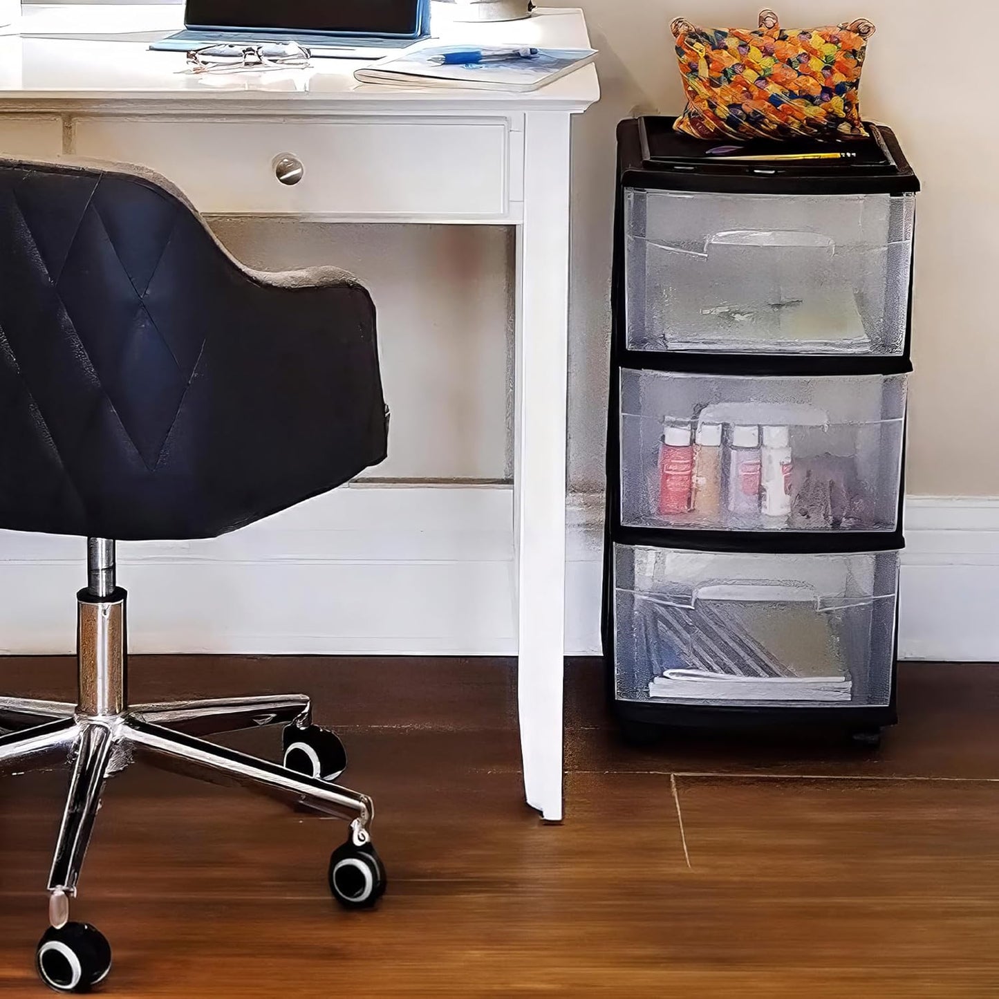HOMZ Drawer Tower, 3-Tier Rolling Storage Cart with Removable Wheels, White Frame – Plastic Organizer with Clear Bin Drawers for Bedroom, Bathroom, Home Office, and Dorm Room