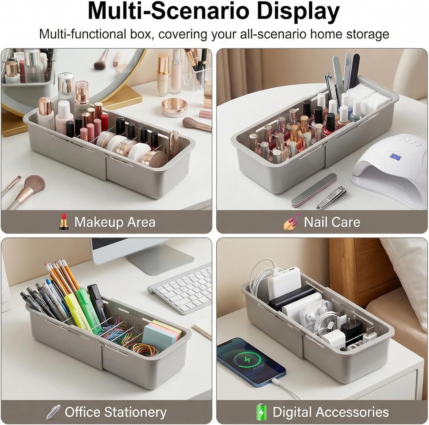 Li&Zhao Drawer Organizer- Adjustable Storage Bins with 5 Dividers, Gray Clear Drawer Organizer for Kitchen, Bedroom, and Office, Expandable clear organizer bins for Makeup, Utensils, and Gadgets