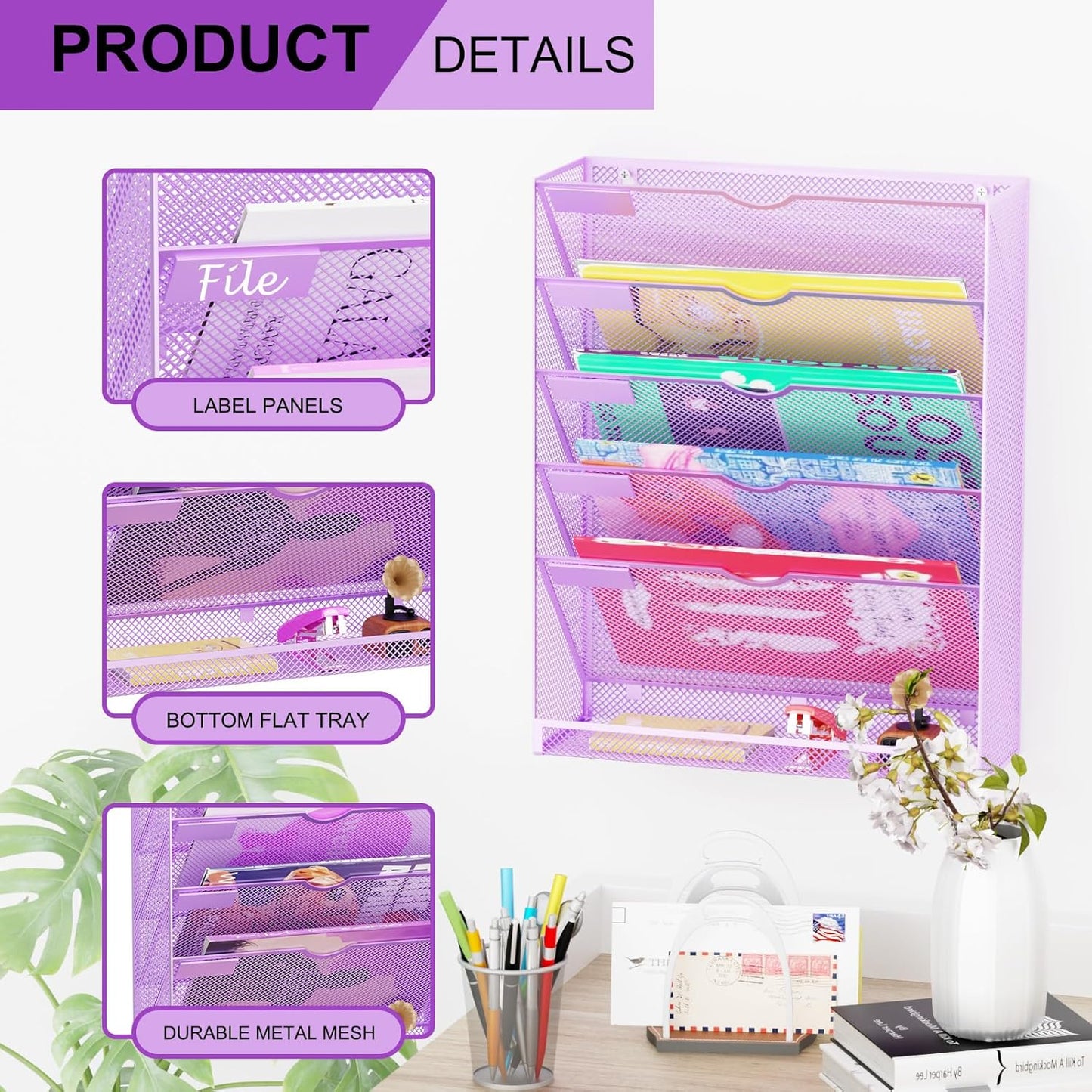 Wall File Organizer Holder Mesh Hanging Paper Document Holder,Vertical 6 Pocket Tier for Office Home, Black