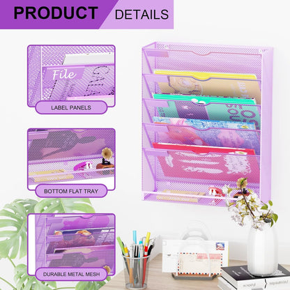 Wall File Organizer Holder Mesh Hanging Paper Document Holder,Vertical 6 Pocket Tier for Office Home, Black