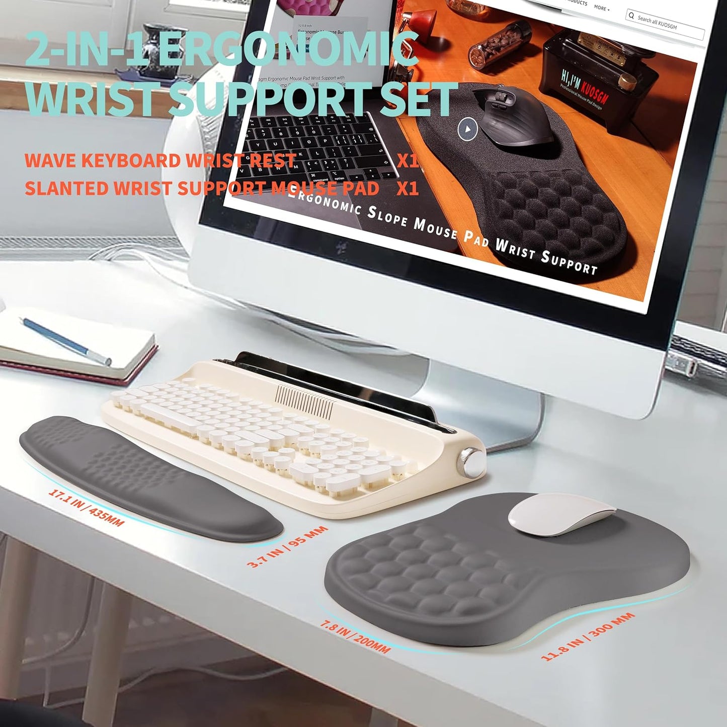 2-in-1 Ergonomic Set, Wave Rise Keyboard Wrist Rest and Massage Bulge Slope Mouse Pad Wrist Support, Cushion Memory Foam Integrated to Relieve Wrist Pain, Black