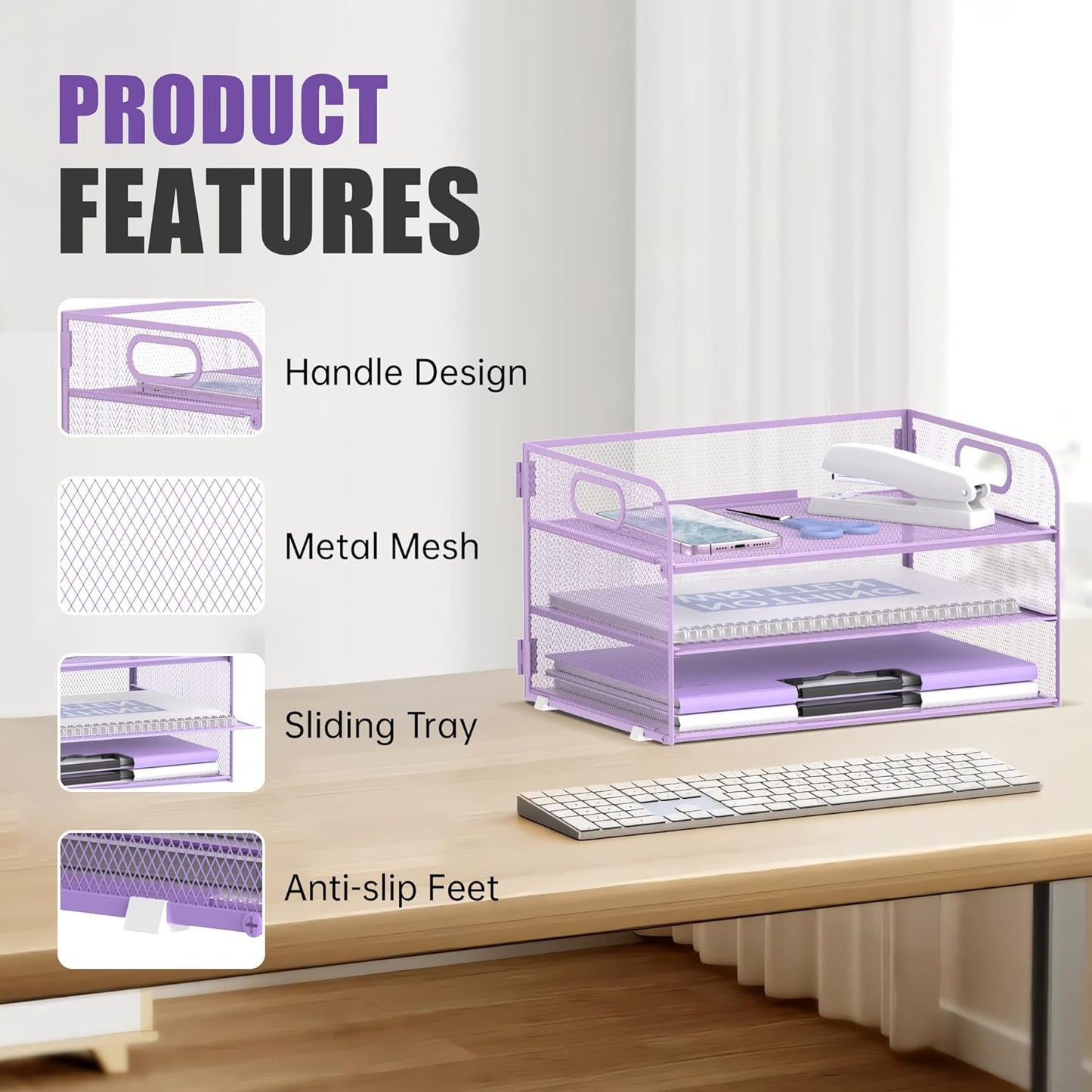 DALTACK 3 Tier Paper Organizer with Handle, Mesh Metal Desk Organizer with Sliding Paper Trays for Letter/A4 Paper, Mail, Bills & Folders, Black