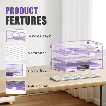 DALTACK 3 Tier Paper Organizer with Handle, Mesh Metal Desk Organizer with Sliding Paper Trays for Letter/A4 Paper, Mail, Bills & Folders, Black