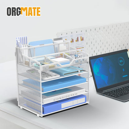 5 Tier Mesh Desk Organizer,Multi Functional Letter Paper Tray with 3 Pen Holders and 5 Adjustable Storage Compartments for Office Supplies Files and Mail Space Saving Desktop Organizer-Black