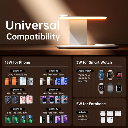 GUSGU 3 in 1 Charging Station with Three-Level Night Light, 15W Max Fast Charging, Wireless Charger for iPhone 15/14/13/12, iWatch S1-8/Ultra, AirPods(30W USB-C Charger Included), White